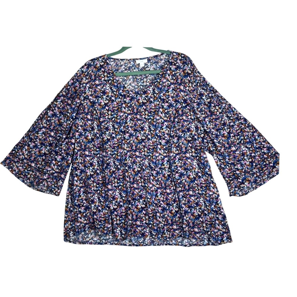 J. Jill Womens XL Floral V-Neck Blouse 3/4 Bell Sleeve Ladder Lace Trim Flowy